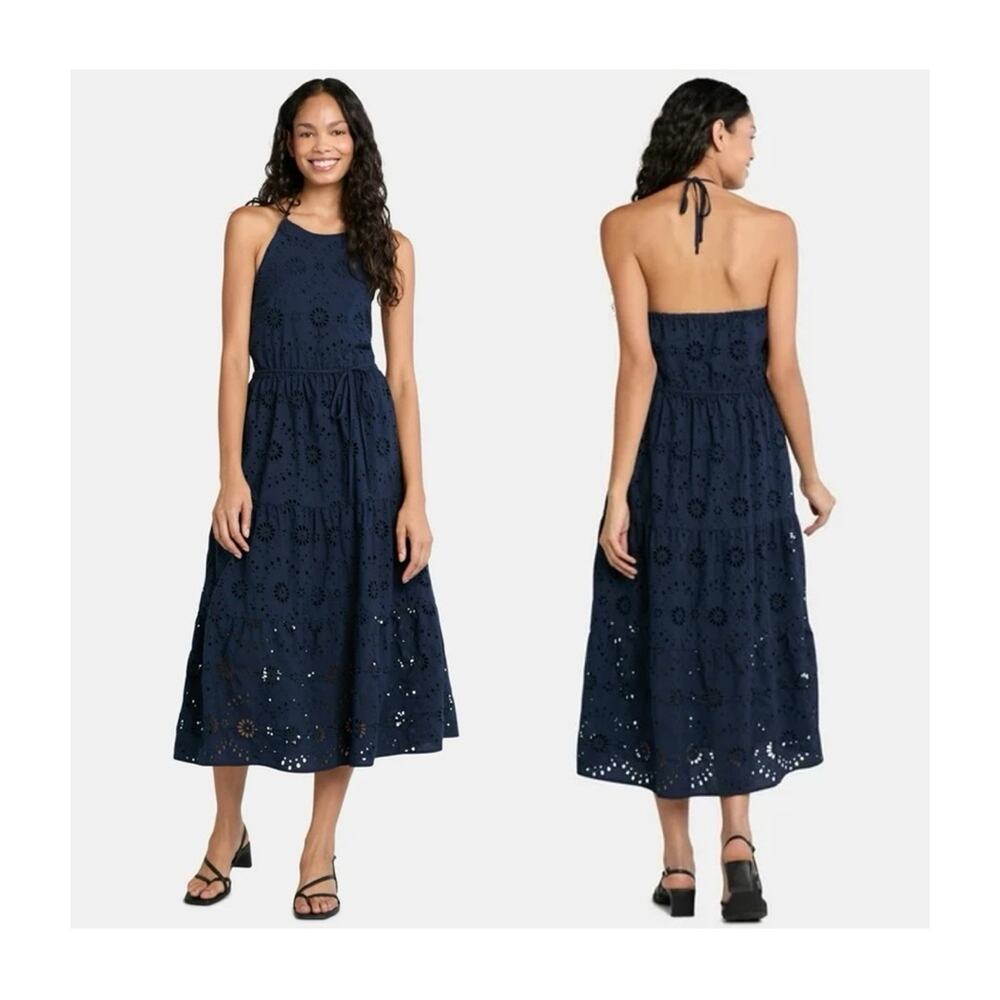 Time and Tru Eyelet Halter Dress in Navy Blue